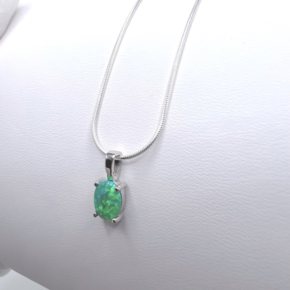 Sterling Silver Green Lab Oval Opal Necklace - Picture 12 of 17